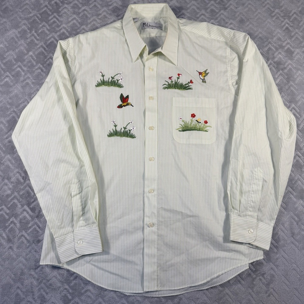 Vintage Green Stripe Button-up Shirt Hummingbird Floral Rhinestones‎ S Large